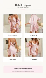 Detailed views of pink satin two-piece nightwear set with V-neck and cross-back straps