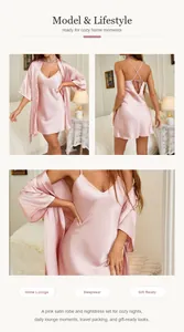 Detailed view of a soft pink satin robe and nightdress set for cozy home lounging.