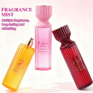 Close-up of Bosuya 250ml fragrance mist bottles in pink, yellow, and red colors with gold caps
