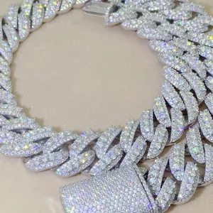 Close-up detail of 20mm iced out moissanite Cuban link necklace in S925 silver