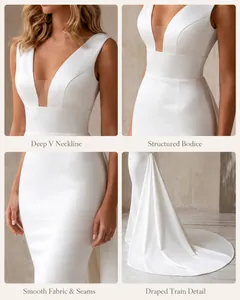 Vues détaillées d'une robe de mariée blanche élégante avec col en V et traîne drapée