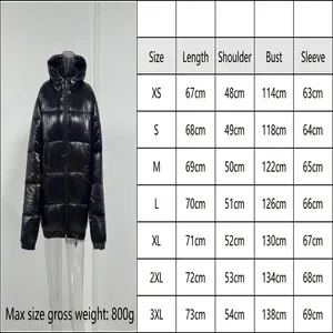 Black shiny hooded puffer jacket with detailed size measurement chart table