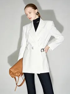 Women Elegant Peak Lapel Slim Fit Blazer Mid Length Solid Color Jacket With Metal Buckle Belt Office Fashion Outerwear