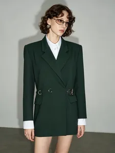 Elegant dark green slim fit women's blazer with a unique silver waist buckle design