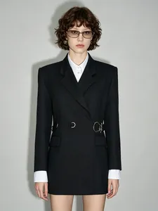 Professional slim-fit black blazer jacket with unique metal waist buckle design for women
