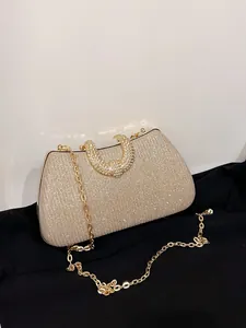 Elegante champagnerfarbene Glitzer-Abendtasche mit kristallbesetztem Griff für Damen