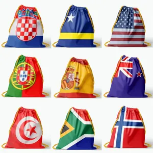 Collection of sports drawstring backpacks featuring diverse national flag designs