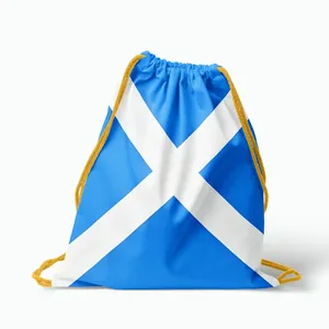Close-up detail of a blue sports drawstring backpack with a white Scotland flag pattern.