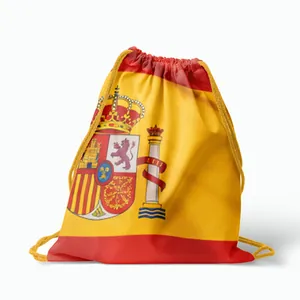 Detailed view of Spanish flag drawstring backpack featuring yellow cords and fabric texture