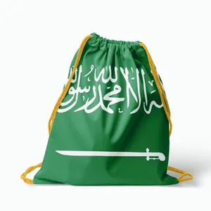 Detailed view of green drawstring sports bag featuring the Saudi Arabian flag design