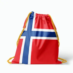 Close-up detail of Norway flag drawstring sports backpack for World Cup 2026 events.