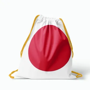Lightweight white drawstring backpack featuring a red sun Japan flag design and yellow straps