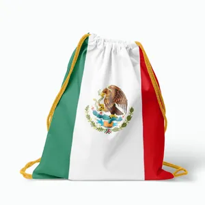 Detailed view of Mexico flag drawstring bag with vibrant colors and emblem