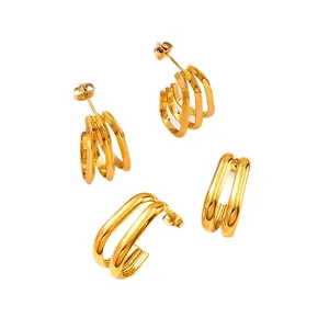 Elegant high-polished gold-plated titanium steel geometric multi-loop hoop earrings