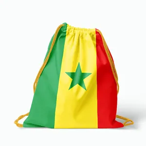 Detailed view of portable drawstring backpack with Senegal flag design for sports