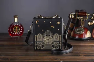 Vintage schwarze Umhängetasche mit goldener Uhrenstickerei und Himmelsmotiven