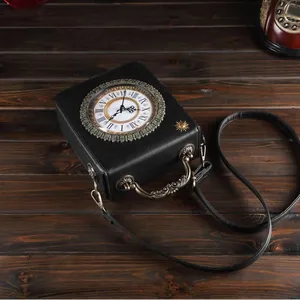 Vintage schwarze Umhängetasche in Uhrenform für Damen mit Bronze-Griff