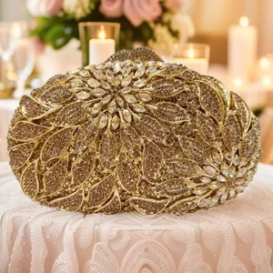 Women Luxury Rhinestone Evening Clutch Bag Elegant Hollow Out Floral Pattern Metal Handbag With Chain Strap Party Wedding
