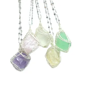 Detailed view of handmade wire-wrapped natural gemstone pendants in various colors