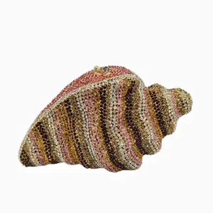 Luxury shell conch shaped evening clutch bag fully encrusted with multicolored rhinestones