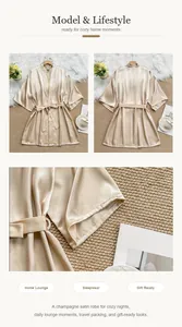 Dettagli e viste complete di una lussuosa vestaglia in raso color champagne da donna