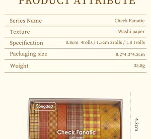Gedetailleerde producttabel en close-up van de Check Fanatic geruite washi tape set