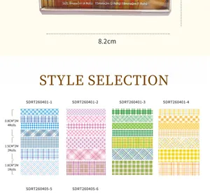 Details van geruite washi-tapesets met verschillende patronen en diverse rolmaten