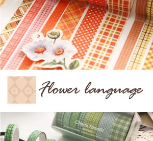 Detailweergave van washi-tape-set met ruitpatroon, bloementhema en creatieve verpakking