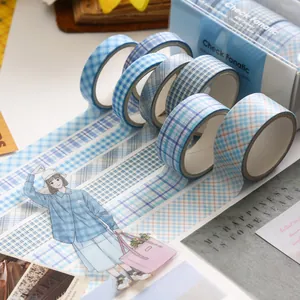 Set van 6 blauwe washi-tapes met ruitpatroon voor DIY-journaling en decoratie