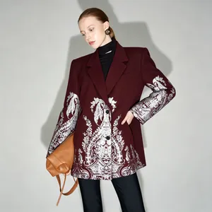 Detailed view of the premium burgundy blazer with intricate silver foil floral print