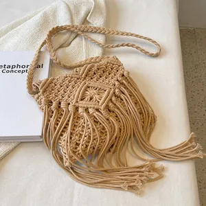 Damen Handgefertigte Macrame Gewebte Quasten Umhängetasche Boho Baumwollseil Sommer Strand Schultertasche Mit Rautenmuster