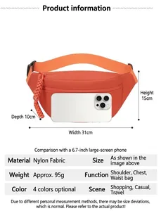 Detailed specifications for nylon sports waist bag with dimensions and features