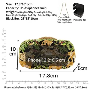 Detailed size and capacity specifications for animal crystal forest evening bag