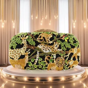 Detailed view of luxury jungle animal crystal evening bag with intricate rhinestone work