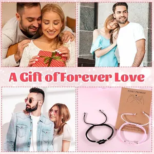 Detail of woven pinky promise bracelets set featuring lifestyle couple gift scenes