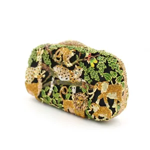 Exquisite animal forest crystal clutch bag featuring vibrant rhinestone animal patterns