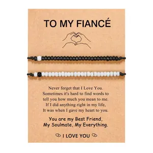 Handmade beaded bracelet set with sentimental message card for fiancé, black and white
