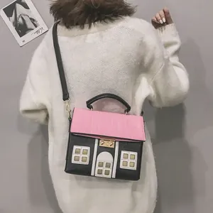 Creative house-shaped crossbody bag worn on the back with pink roof and black walls