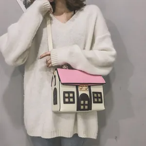 Creative House Shaped Crossbody Bag Funny Cartoon Small House Handbag Contrast Color PU Leather Shoulder Bag For Women