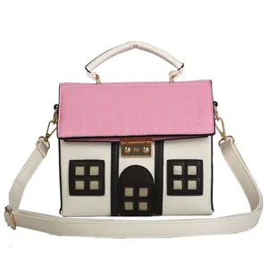Creative house-shaped crossbody bag with cute cartoon design and white top handle.