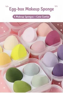 Macro view of multi-colored makeup sponges neatly organized in clear egg-shaped storage cases