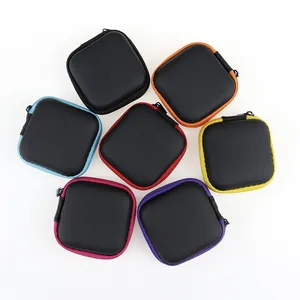 Close-up of portable EVA storage cases with seven vibrant zipper colors for earphones