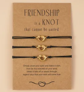 Set of 3 friendship knot bracelets with message card on black wax cord for friends