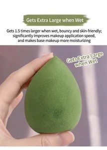 Detailed macro view of a soft green teardrop-shaped beauty blender makeup sponge