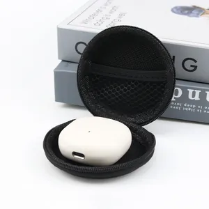 Close-up detail view of a black EVA earphone storage case with internal mesh pocket.