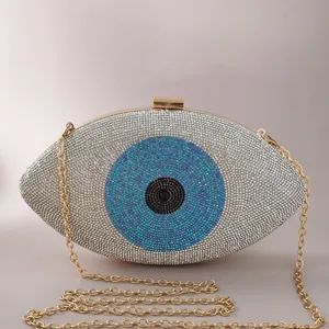 Sac de Soirée de Luxe en Strass Mauvais Œil pour Femmes Pochette de Mariage avec Cristaux pour Banquet et Fête avec Chaîne en Métal