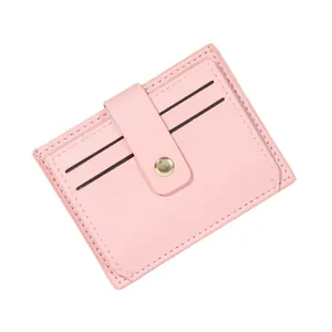 Minimalist pink PU leather card holder wallet with multi-slot design for women and students