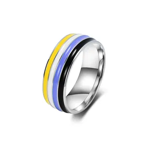 Moderner Non-binary Flagge Emaille Ring aus poliertem Titanstahl für Damen und Herren