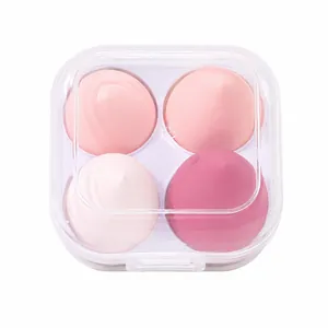 Professional 4-piece soft teardrop makeup sponge set in a clear plastic storage case