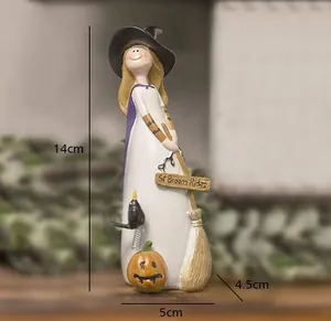 Detailansicht einer süßen Halloween-Hexe-Figur mit 14 cm Höhen- und Breitenmaßangaben.